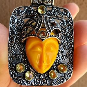 New Carved Goddess Face Citrine 925 Silver Pendant.